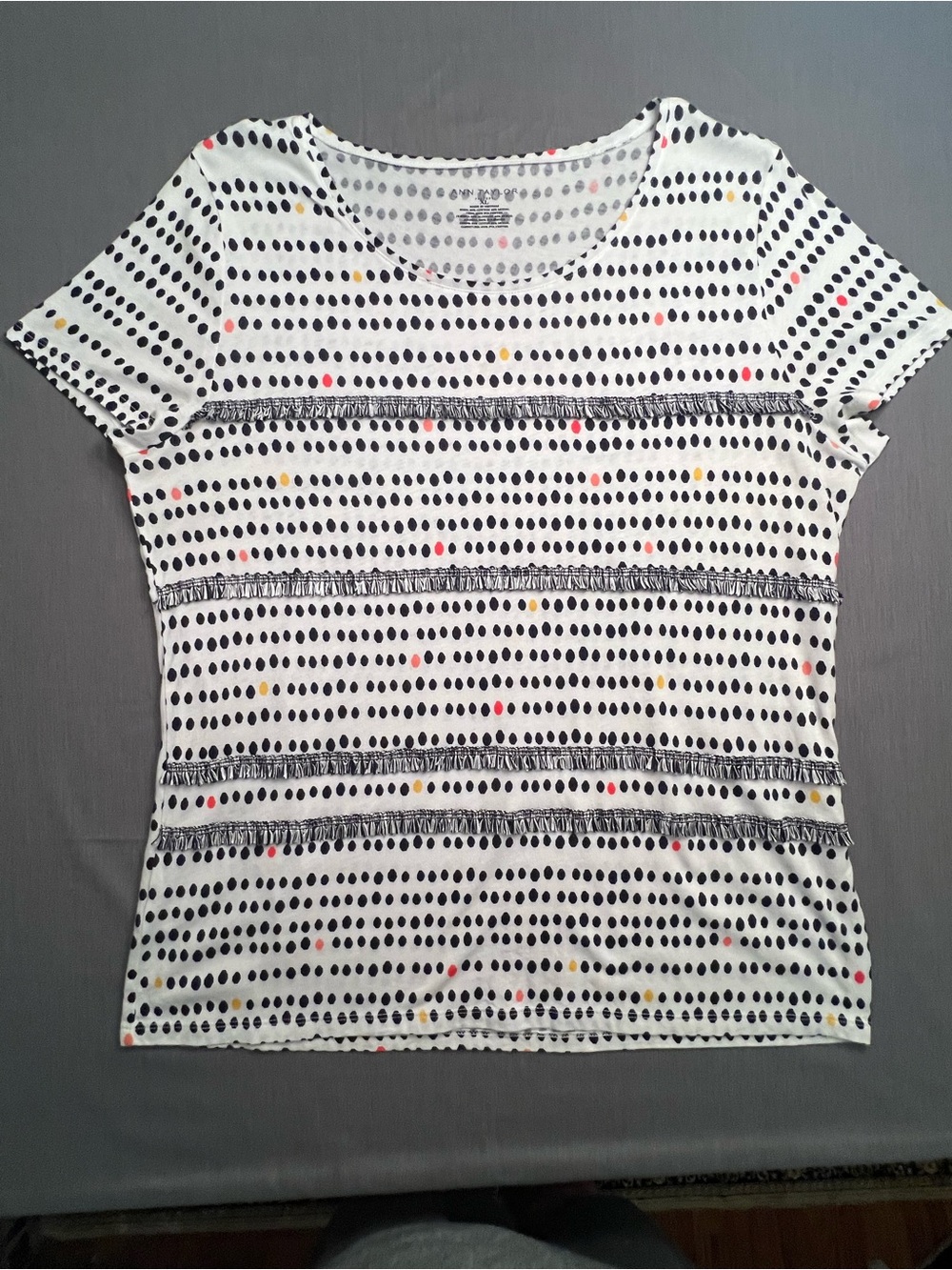 Ann Taylor White Short Sleeve Top with Black Polka Dots and Red & Yellow Accents